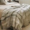 Close-up of a plush faux fur throw blanket draped over a bed