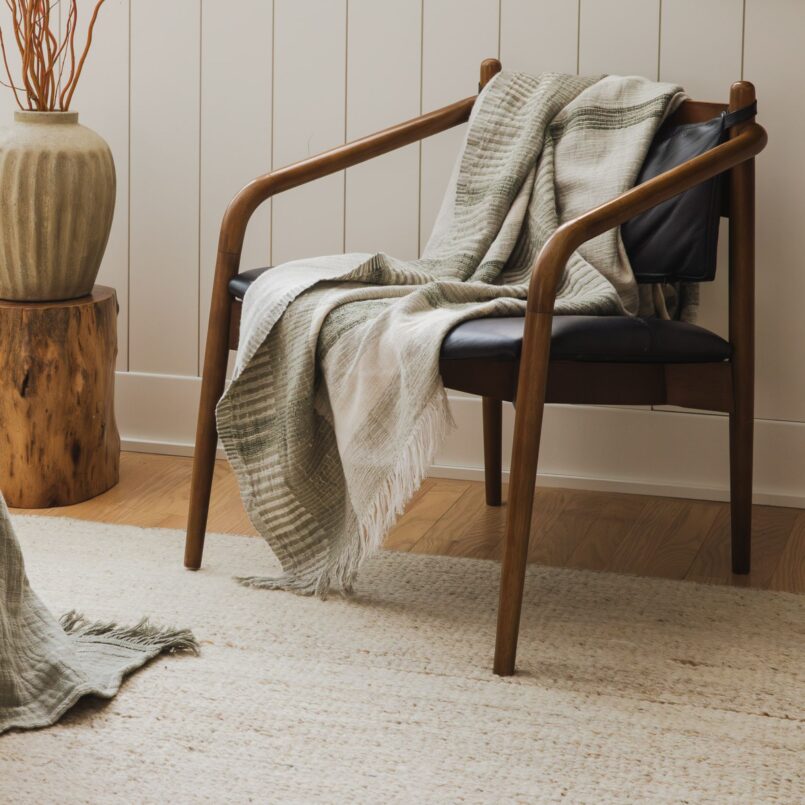White accent chair with a knit blanket next to a bed and wooden side table