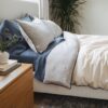 7 Blue and white bedding set with layered pillows next to a wooden nightstand