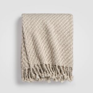 Folded beige knit throw blanket with textured stitching and soft drape