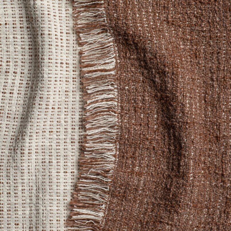 Beige and rust knit throw blankets stacked, showing detailed cable stitching