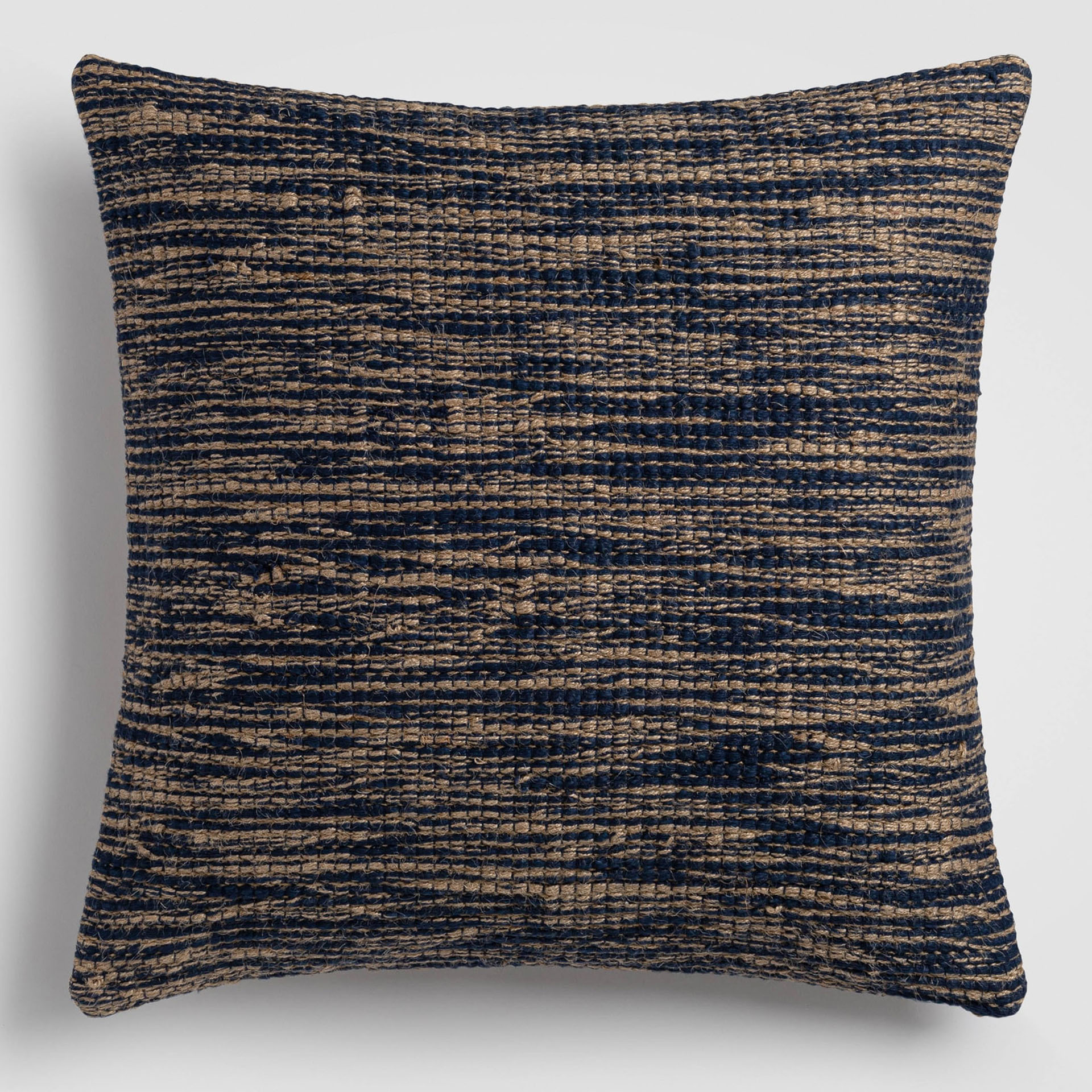 Woven pillow with horizontal blue and beige zigzag stripes