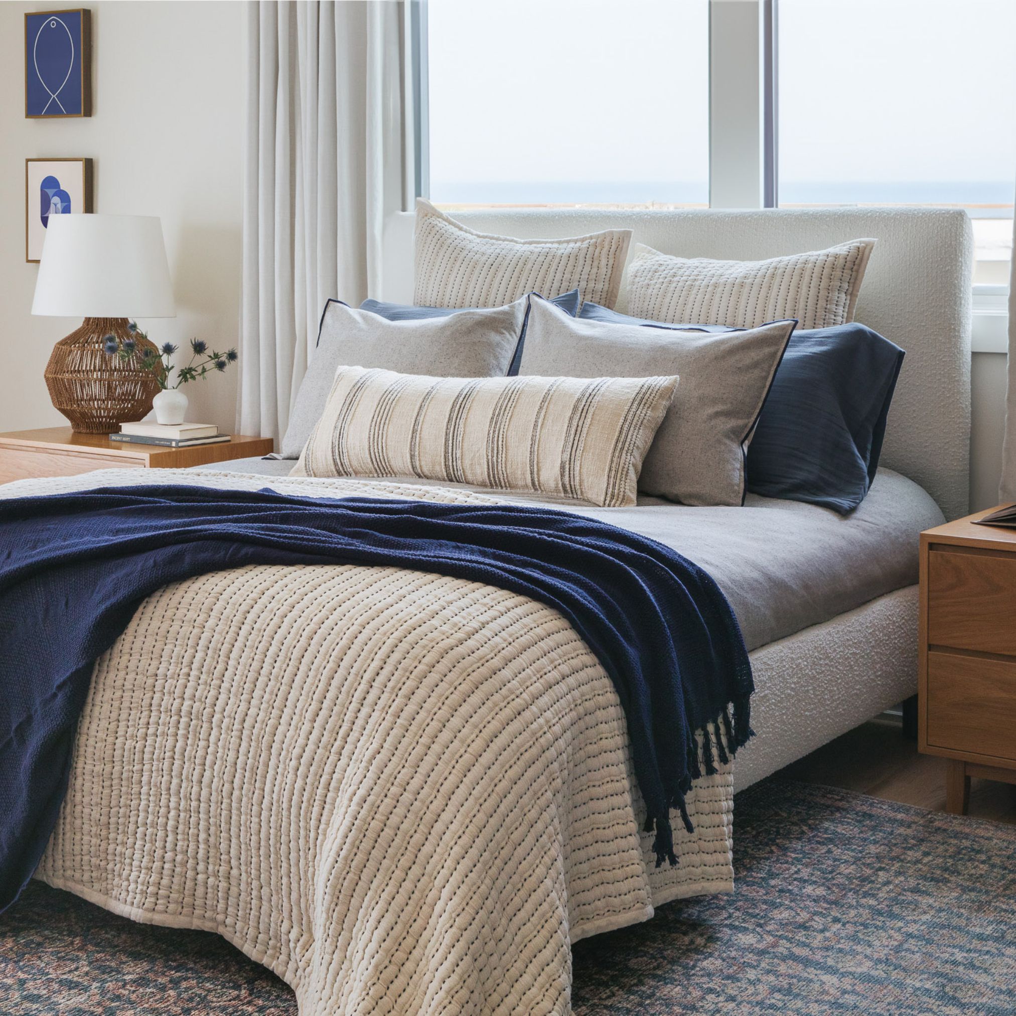 Neutral-toned bedroom with layered Crane Home bedding, including a textured quilt, soft pillows, and a fringed throw blanket, styled in a serene, minimalist setting.