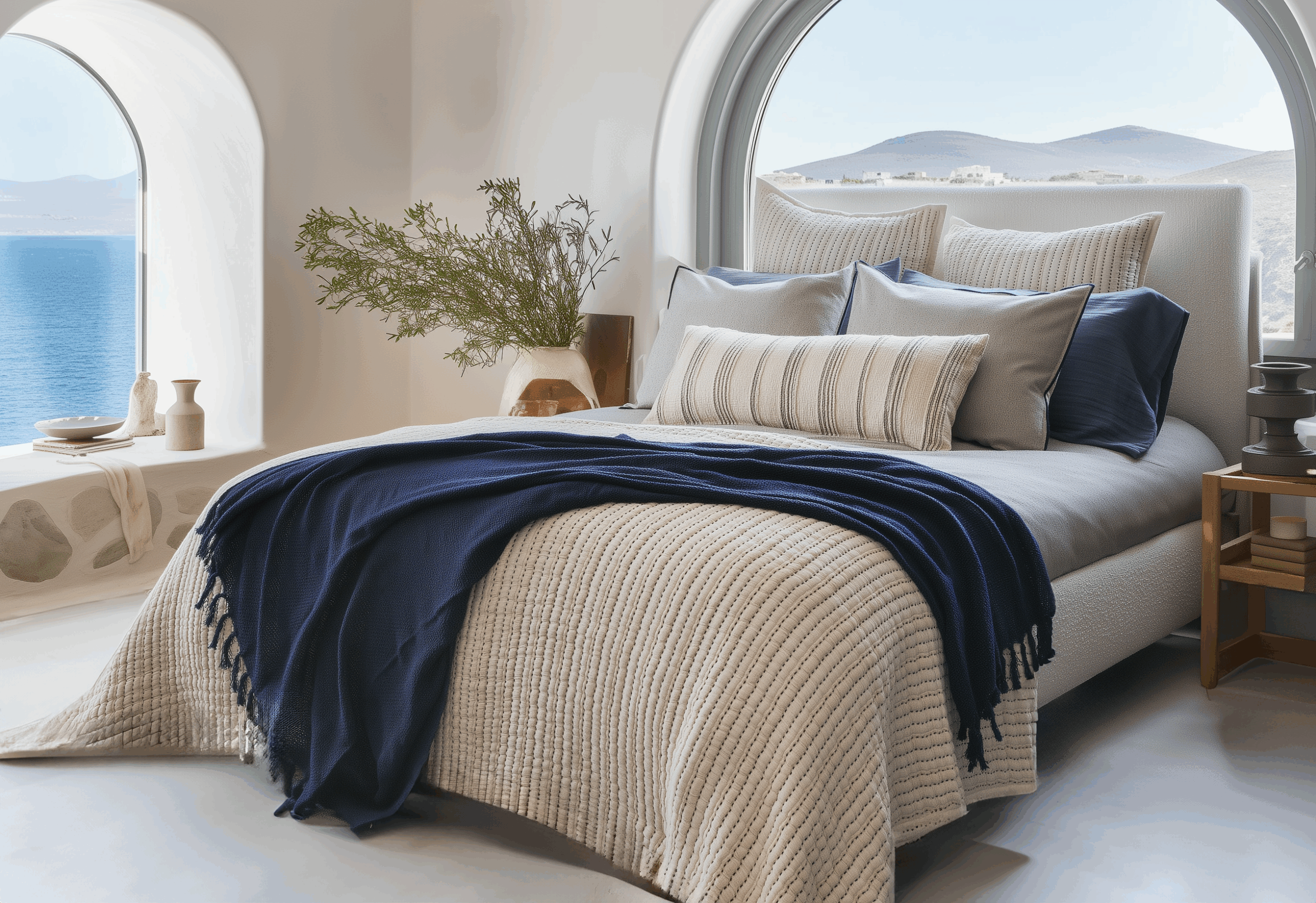Bedroom scene with beige bedding, layered pillows, and wooden nightstand