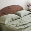 Bed with sage green bedding, rust-colored headboard, and white pillows
