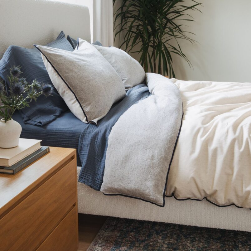 Crane home bedding posed in a real bedroom
