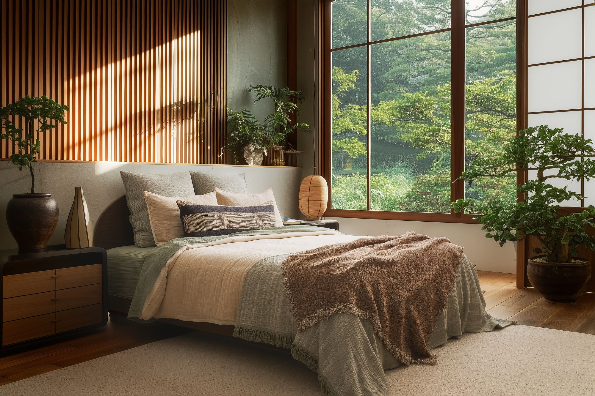 Bedroom scene with sage green bedding, layered pillows, and wooden nightstand