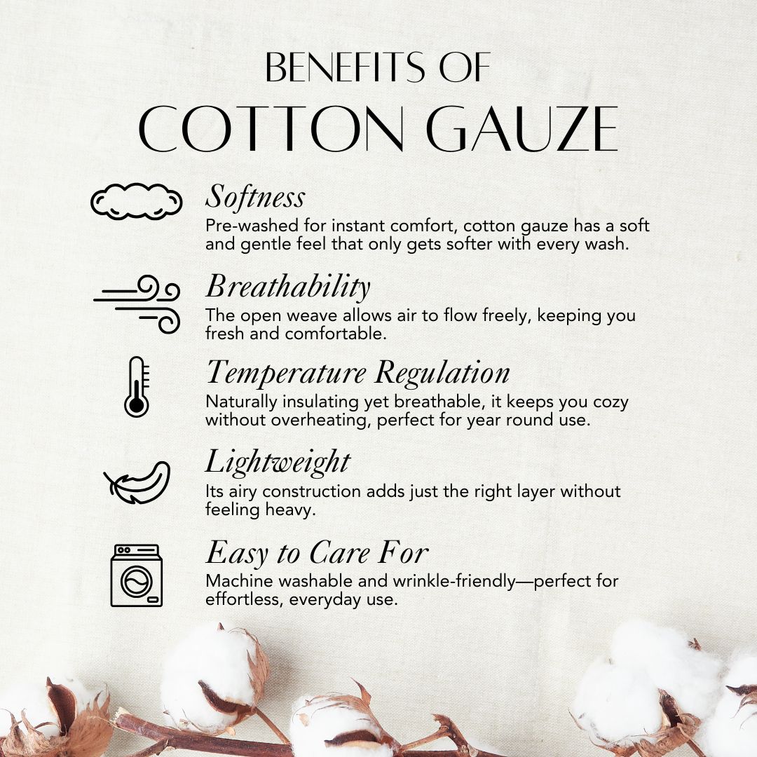 Cotton Gauze Infographic explaining the benefits of Cotton Gauze, a material used in the construction of this product