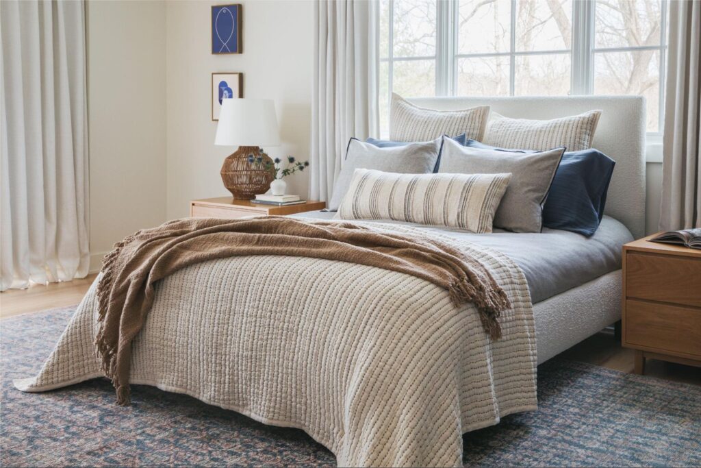 Bed with blue and white layered bedding in the center of a room