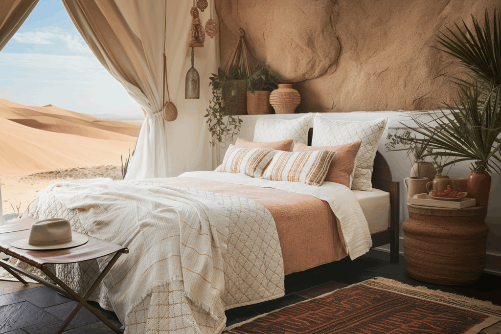 Bedroom in the desert featuring warm colors and layered textures