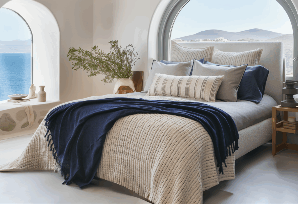 Bedroom by the sea featuring lightweight bedding and soft neutrals