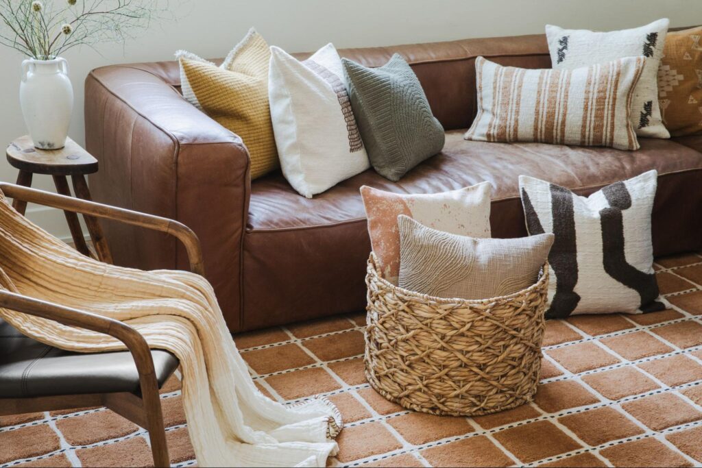 Brown couch with throw pillows next basket of pillows